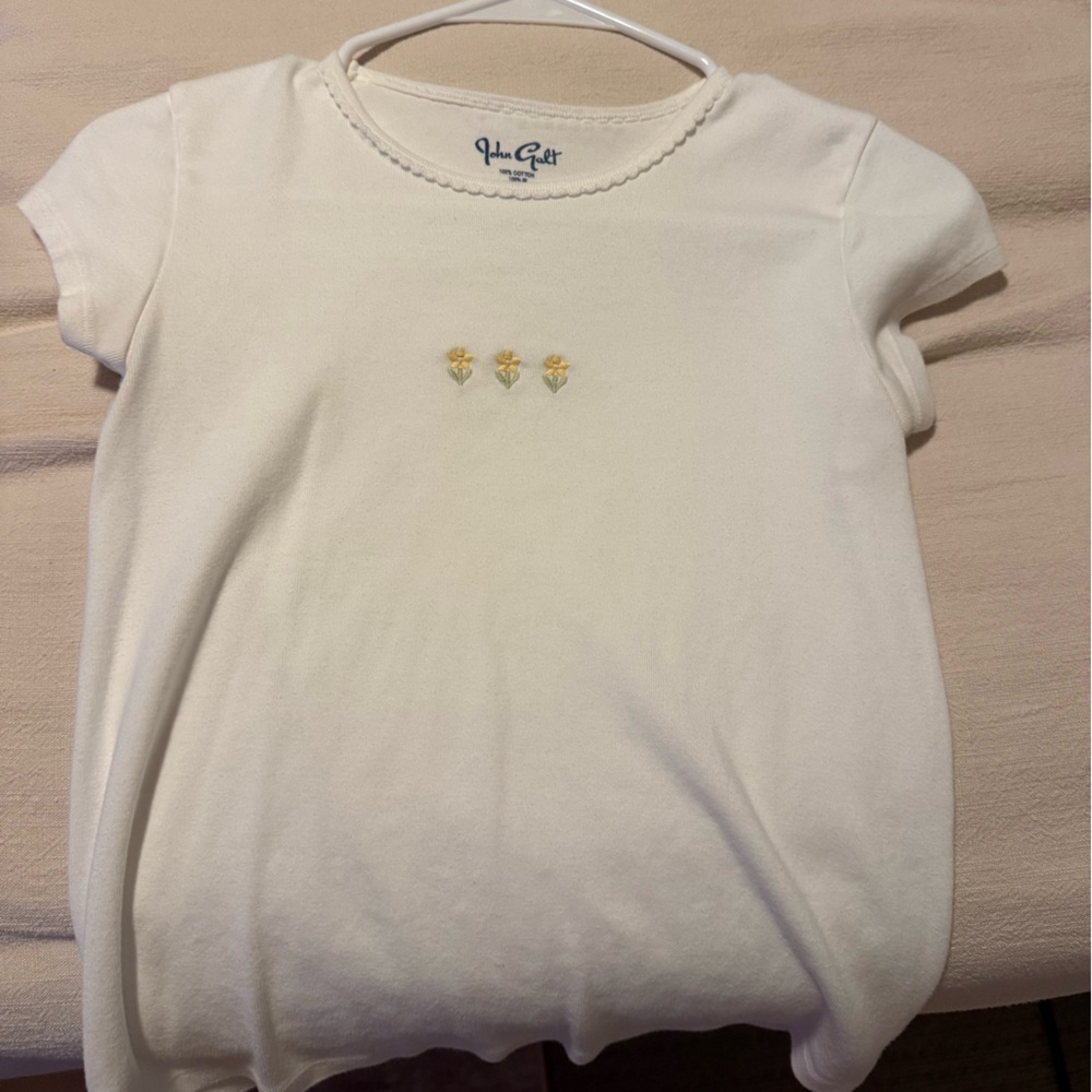 Brandy Melville White Short Sleeve Tee with Yellow Floral Embroidery